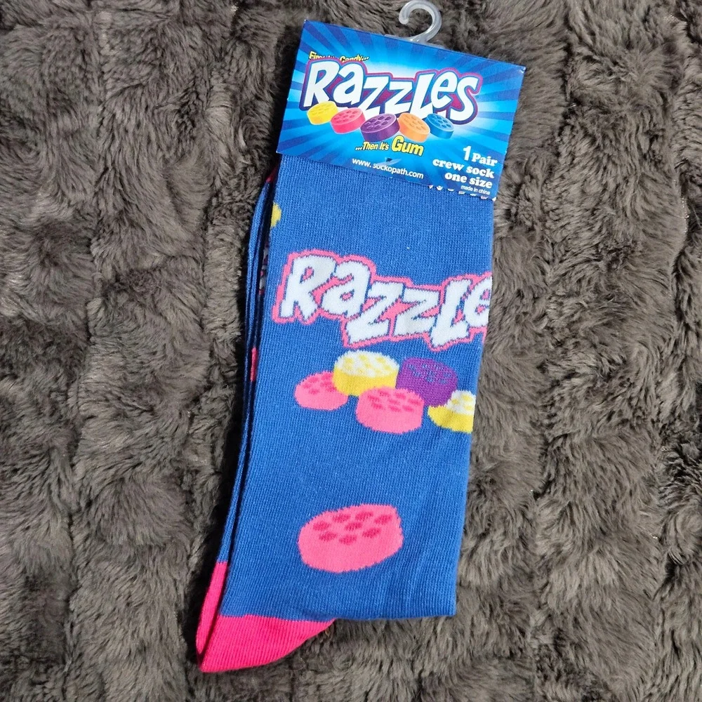 Razzles Candy Novelty Crew Socks Blue Pink One Size Unisex Retro‎